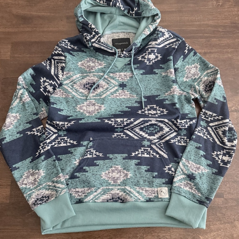 Aeropostale Southwest Aztec Medium Pullover Hoodie Geometric Tribal Teal